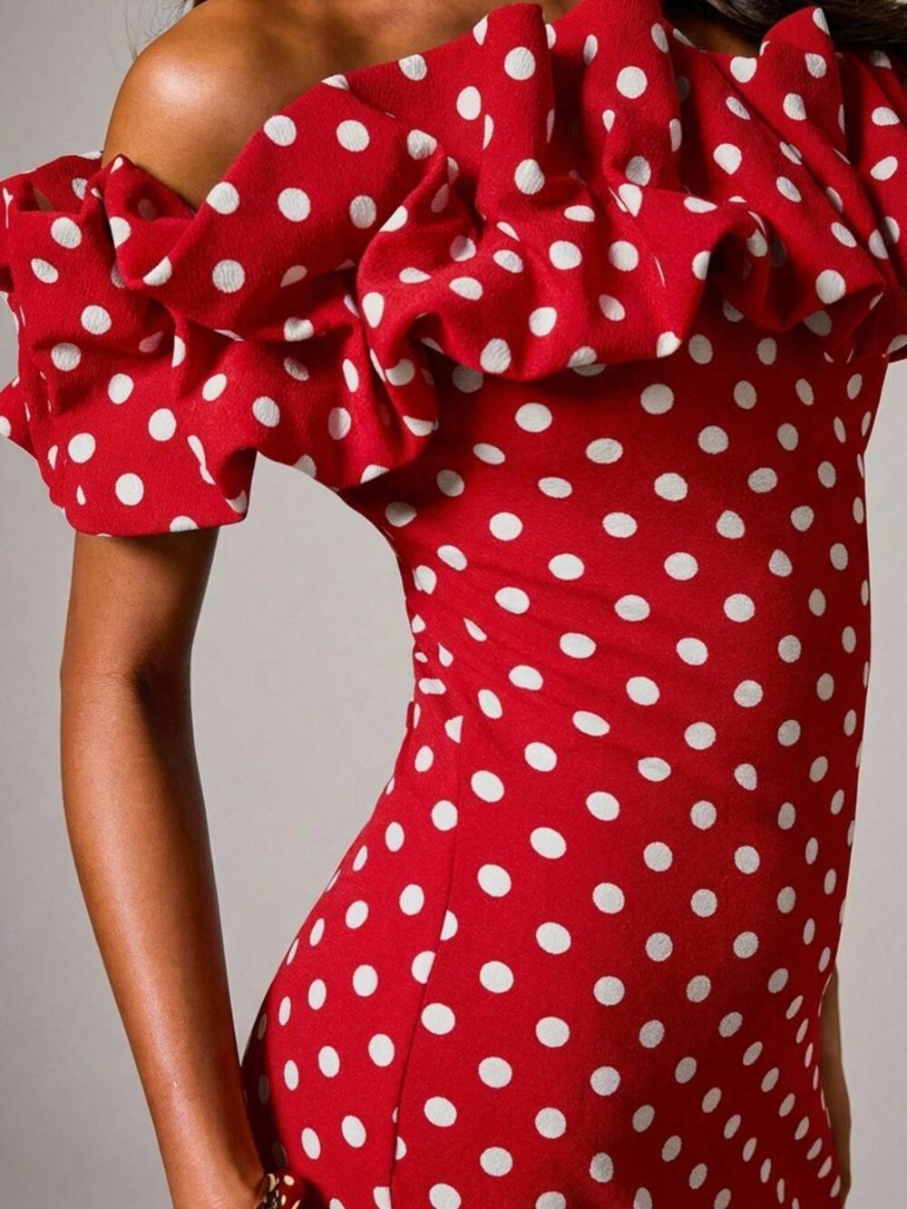 Red Elegant Women's Polka Dot print ruffled Off-Shoulder Mini Dress - Picture 5 of 6